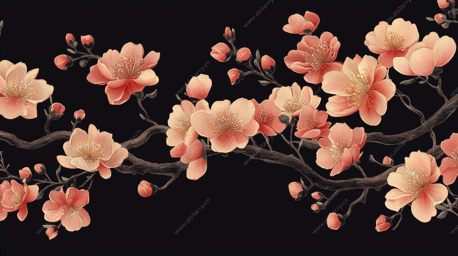 中式手绘桃花装饰图案