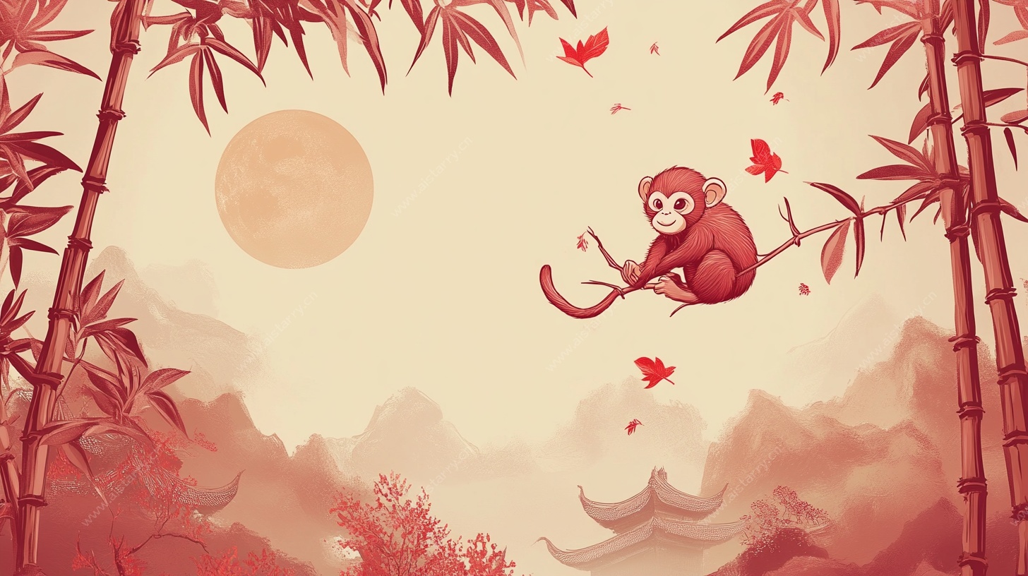 竹林小猴伴月中式美景