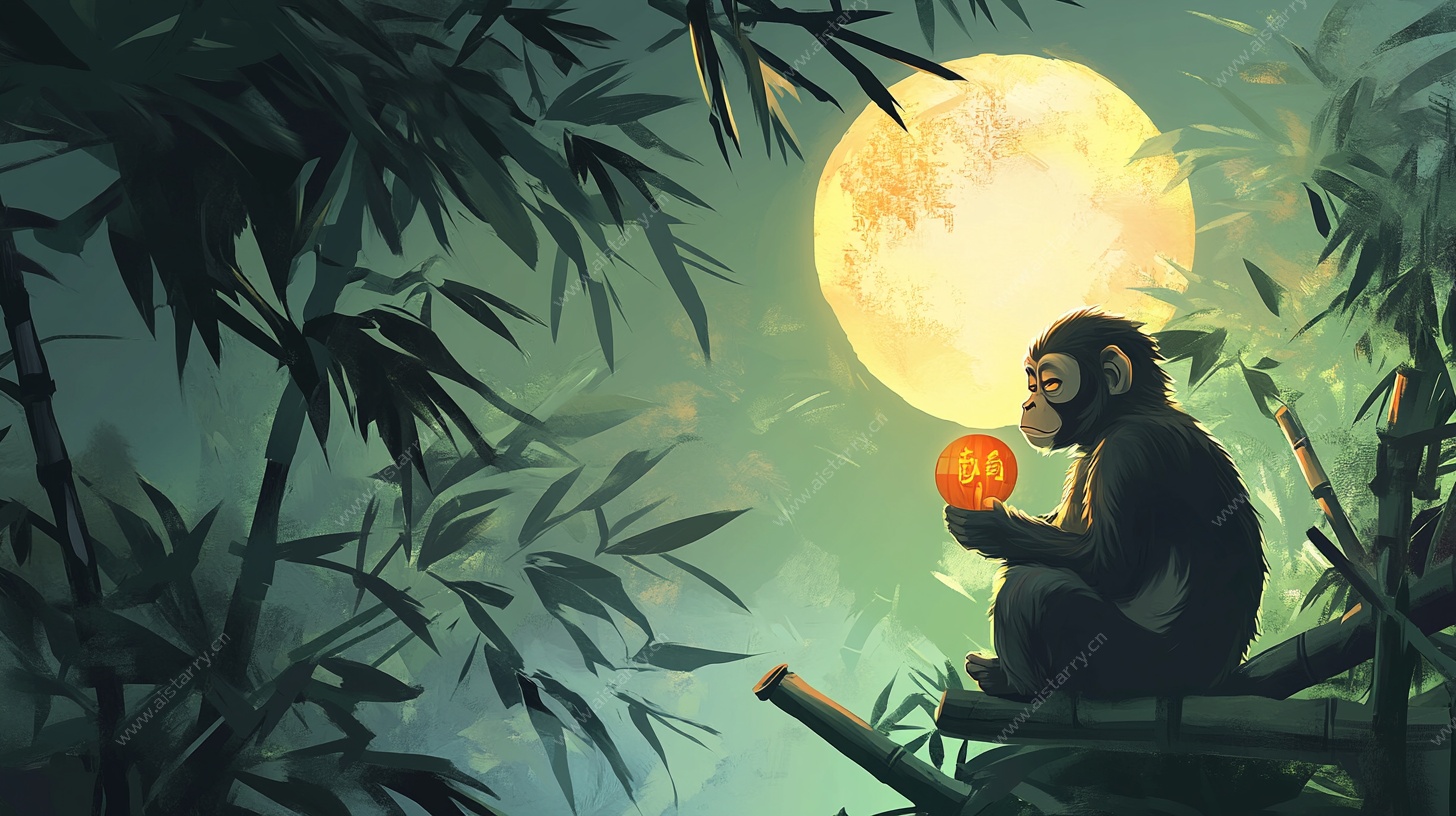 月夜灵猴持果栖竹林