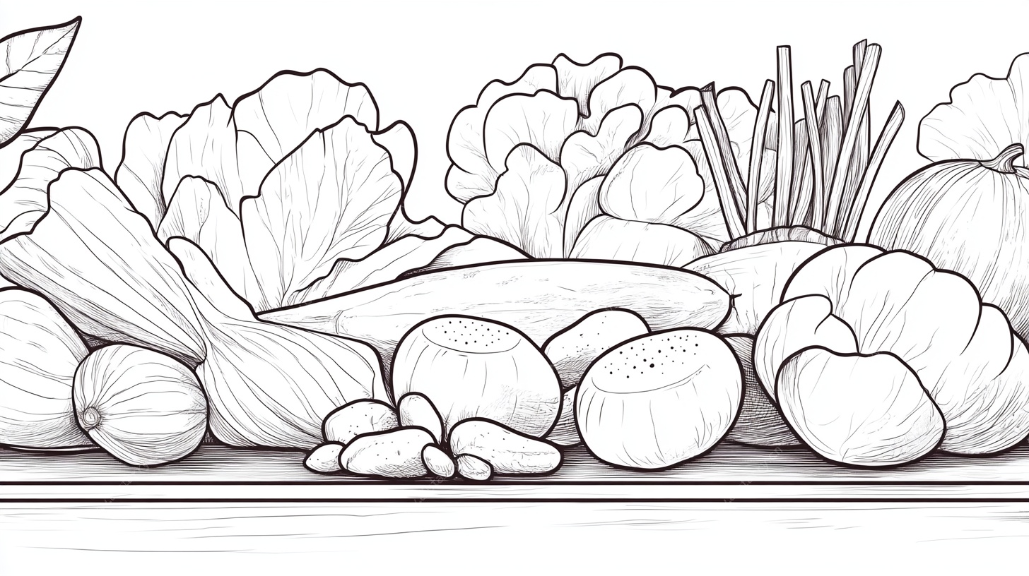 蔬菜黑白线描插画