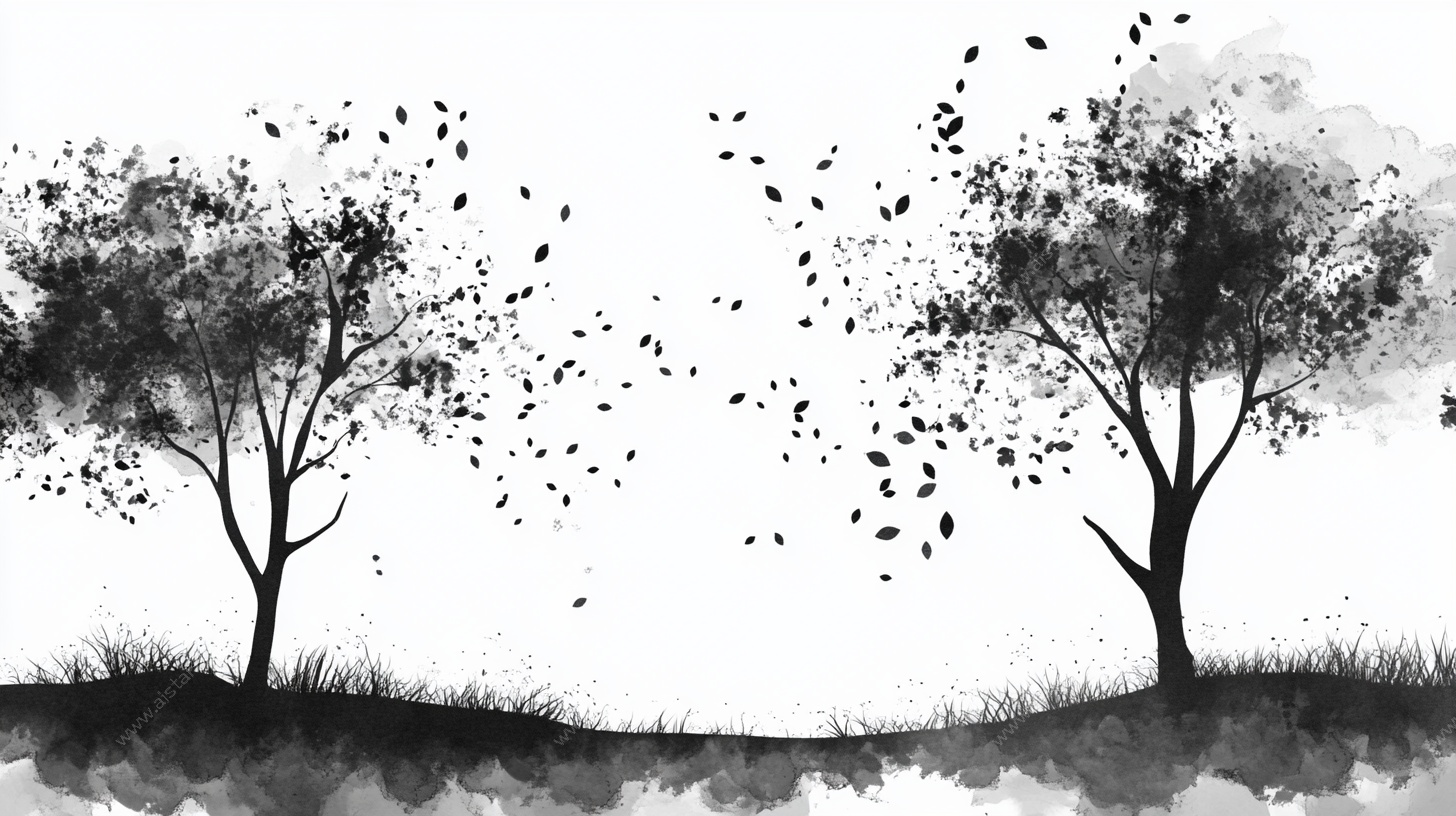 水墨风双树落叶景观图