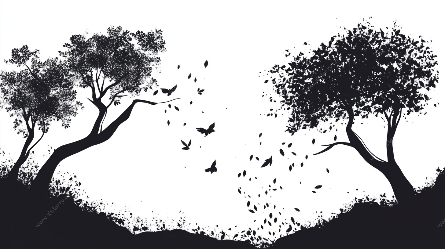 黑白树影飞鸟剪影图