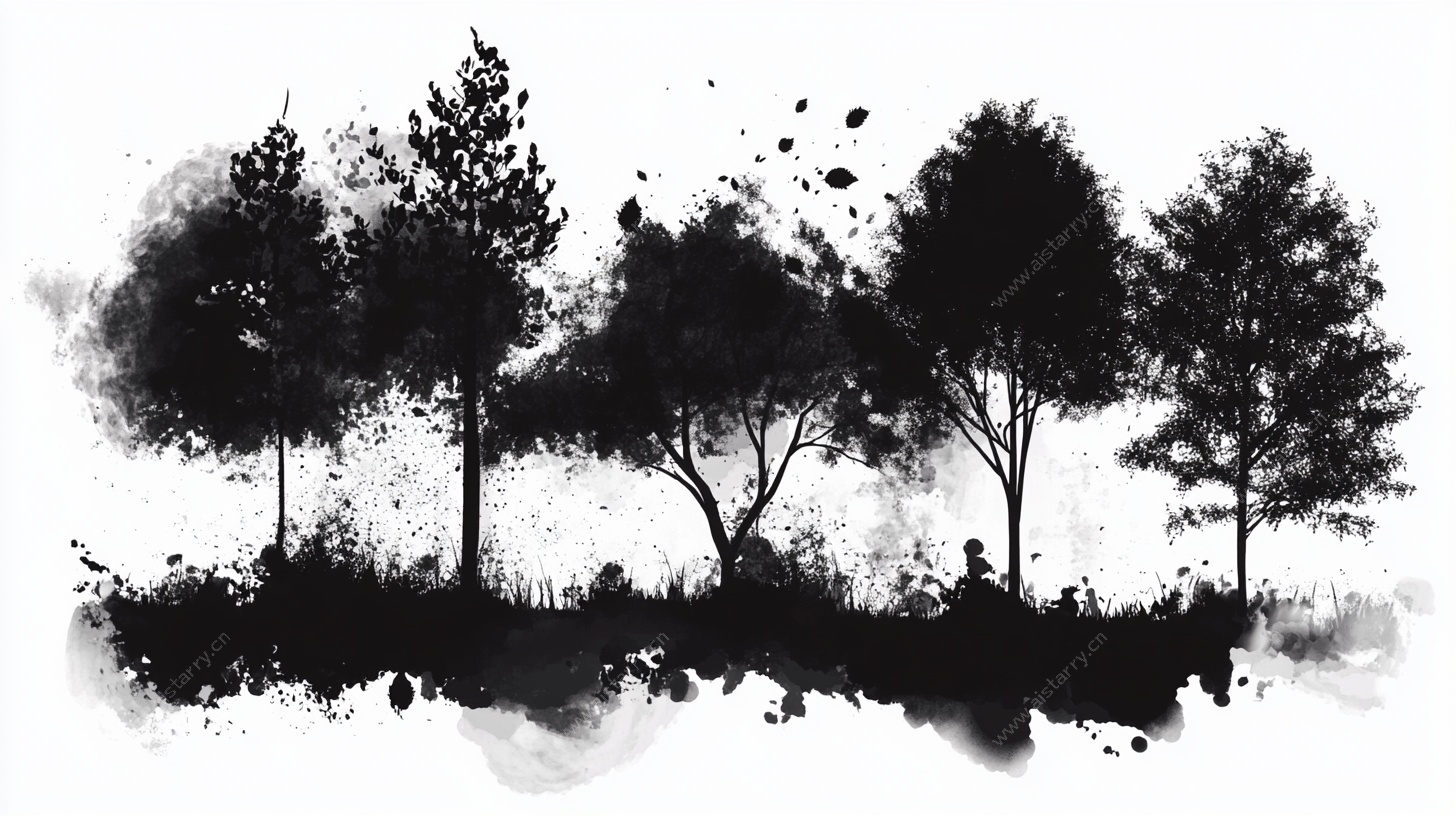 水墨风树木剪影画