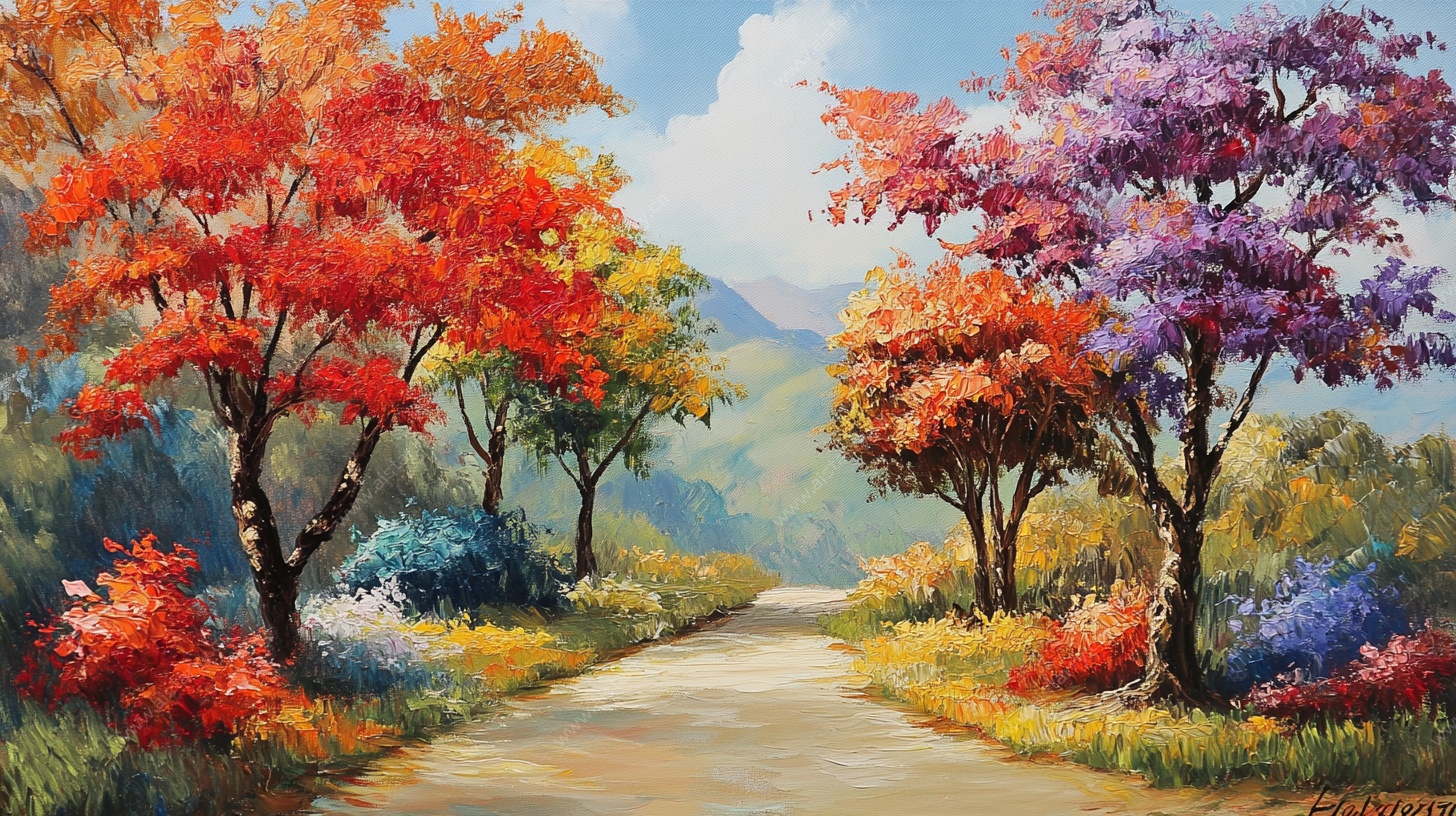 秋日彩林小道油画风景