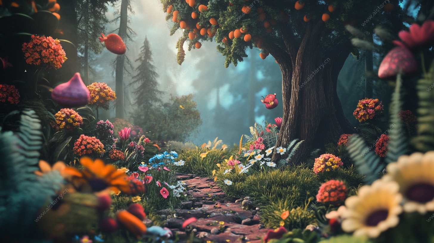 梦幻森林中的奇幻花卉小径