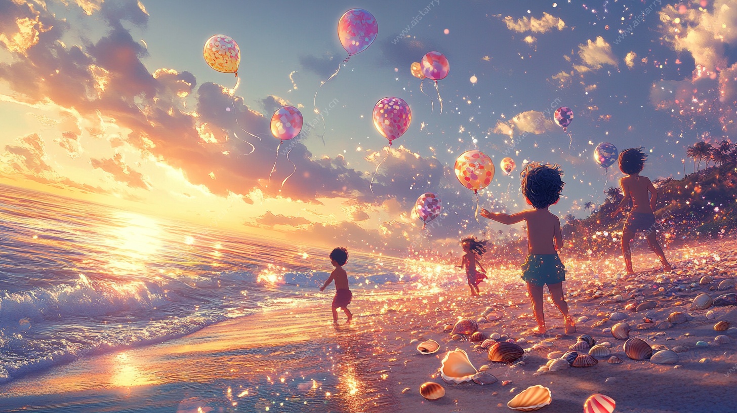 海边童趣 彩色气球的欢乐时光