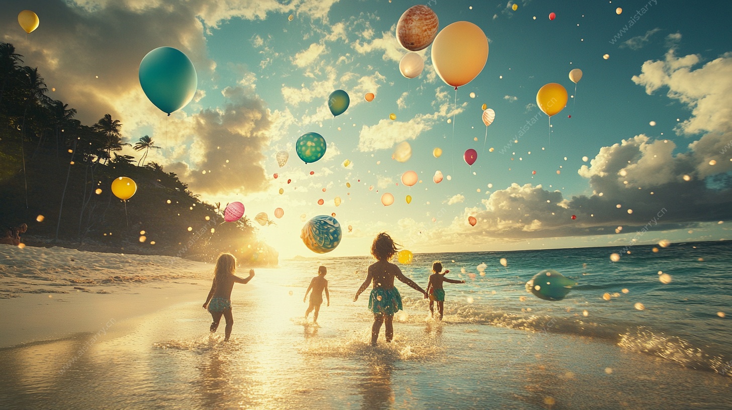 海边童趣 放飞彩色气球