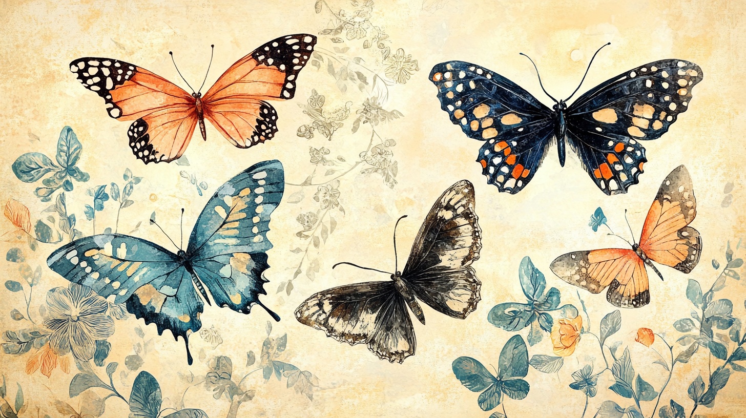 复古风蝴蝶花卉插画