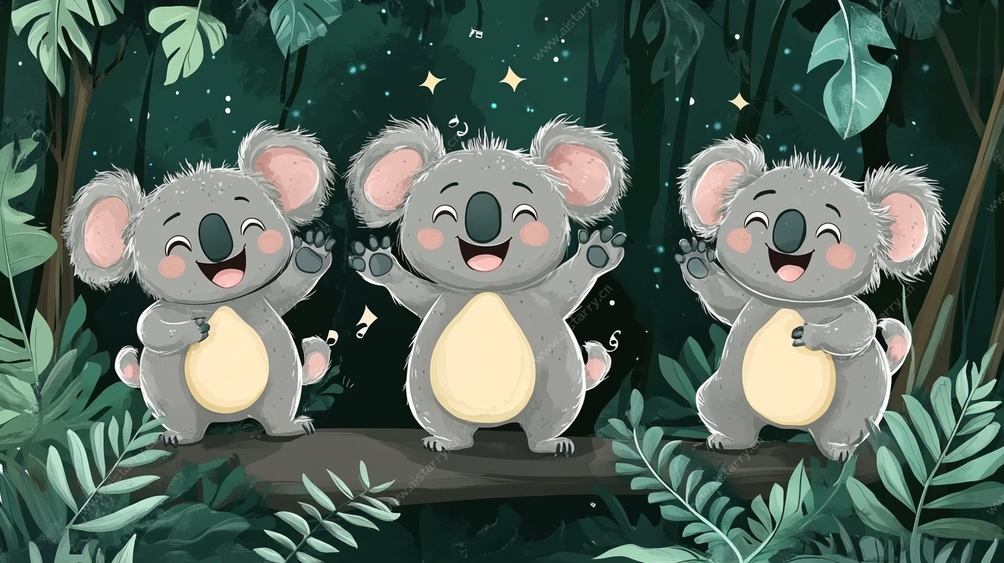 三只考拉在森林中欢快舞动