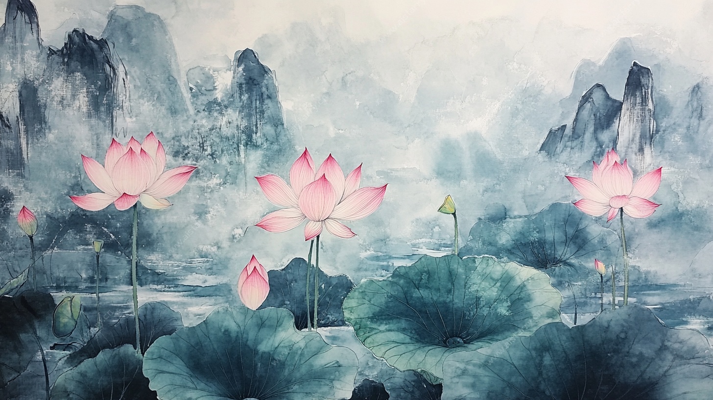 水墨荷花山水图