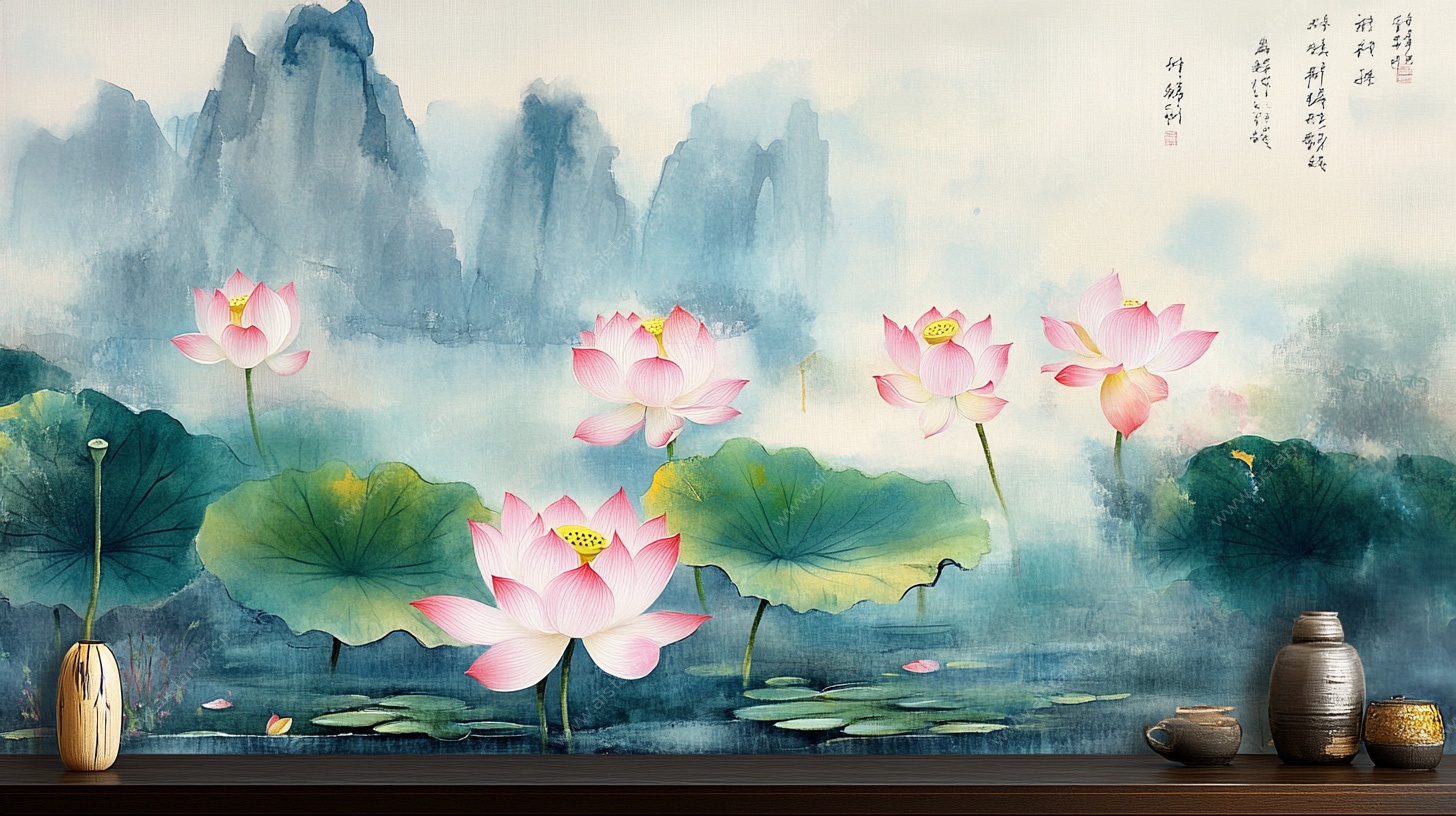 水墨荷花山水意境图