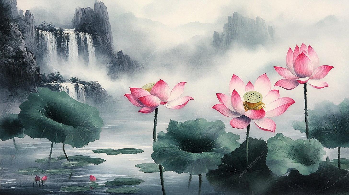 水墨荷花图 山水诗意景