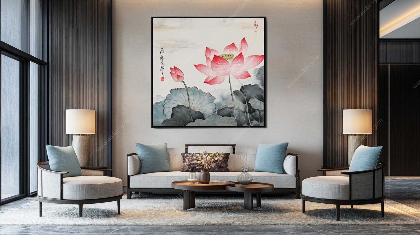 中式客厅的雅致荷花挂画