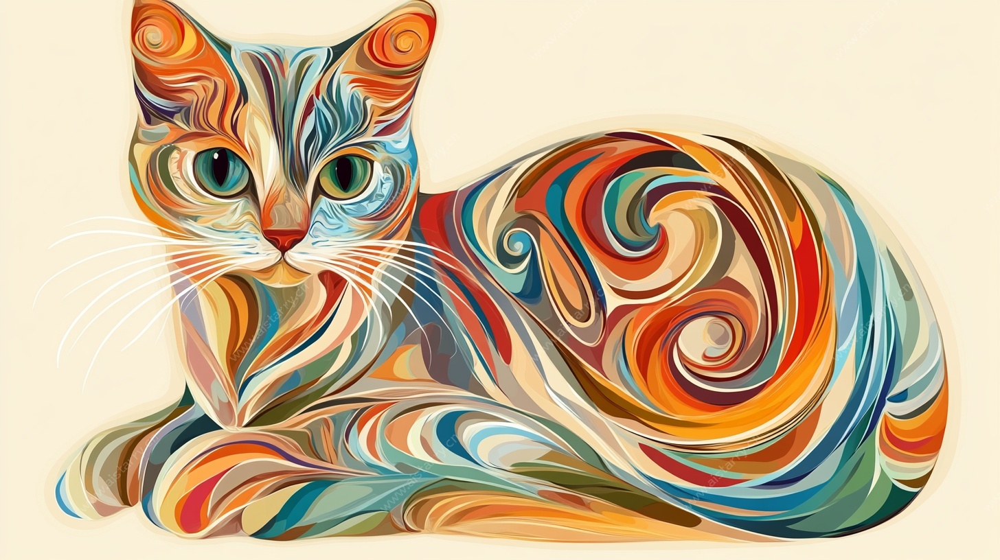 多彩旋涡风格躺卧猫咪图