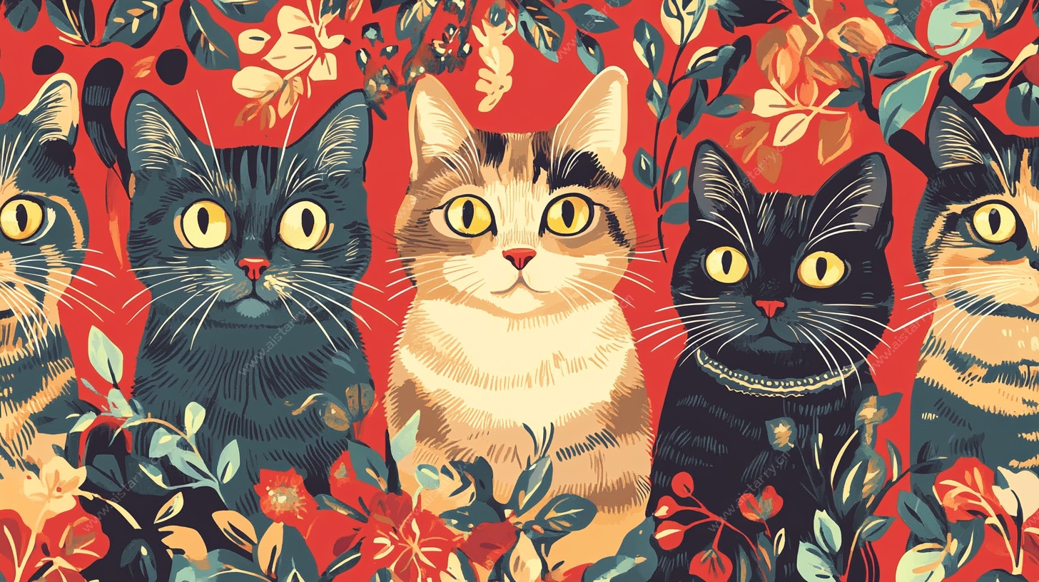 猫咪花卉图案插画