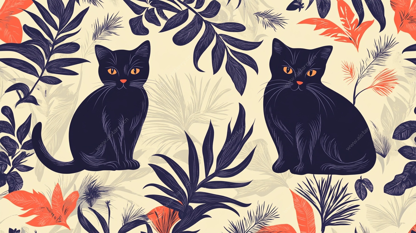 黑猫与植物的可爱插画