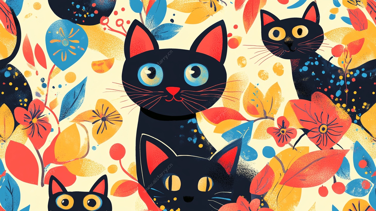 黑猫与花卉的缤纷插画