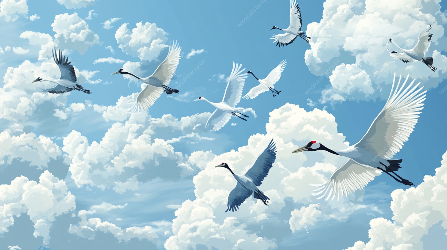 群鹤翱翔于蓝天白云间
