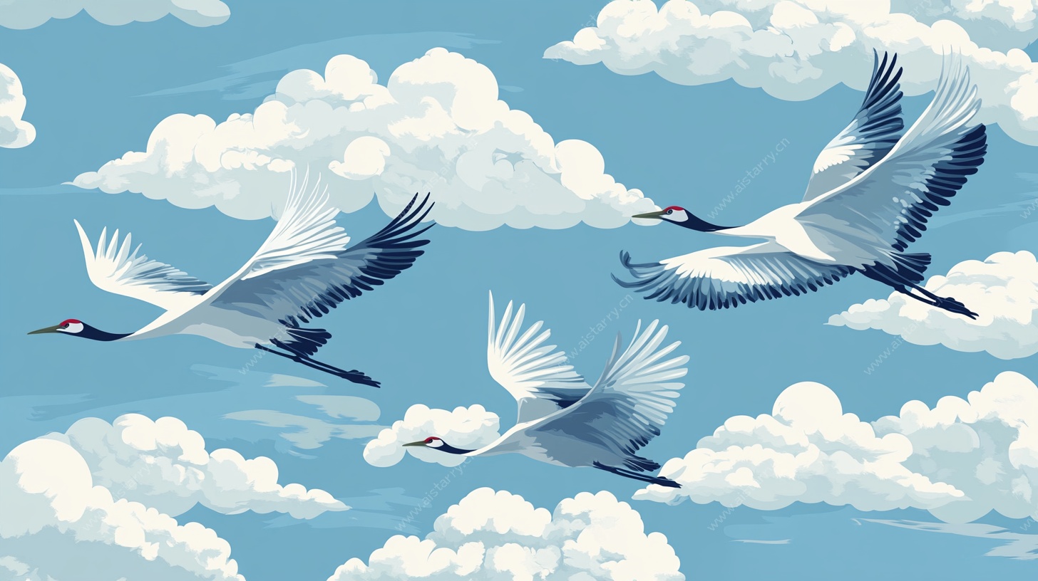 三只仙鹤翱翔于云端