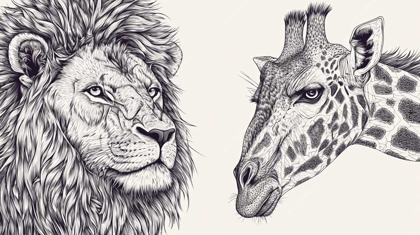 狮与长颈鹿的黑白插画