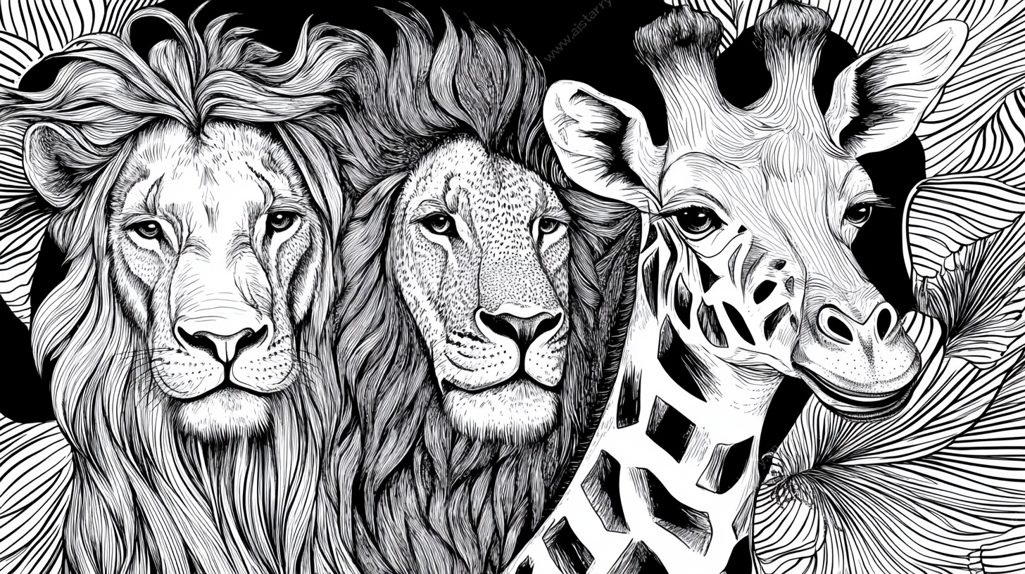 黑白动物插画 狮与长颈鹿