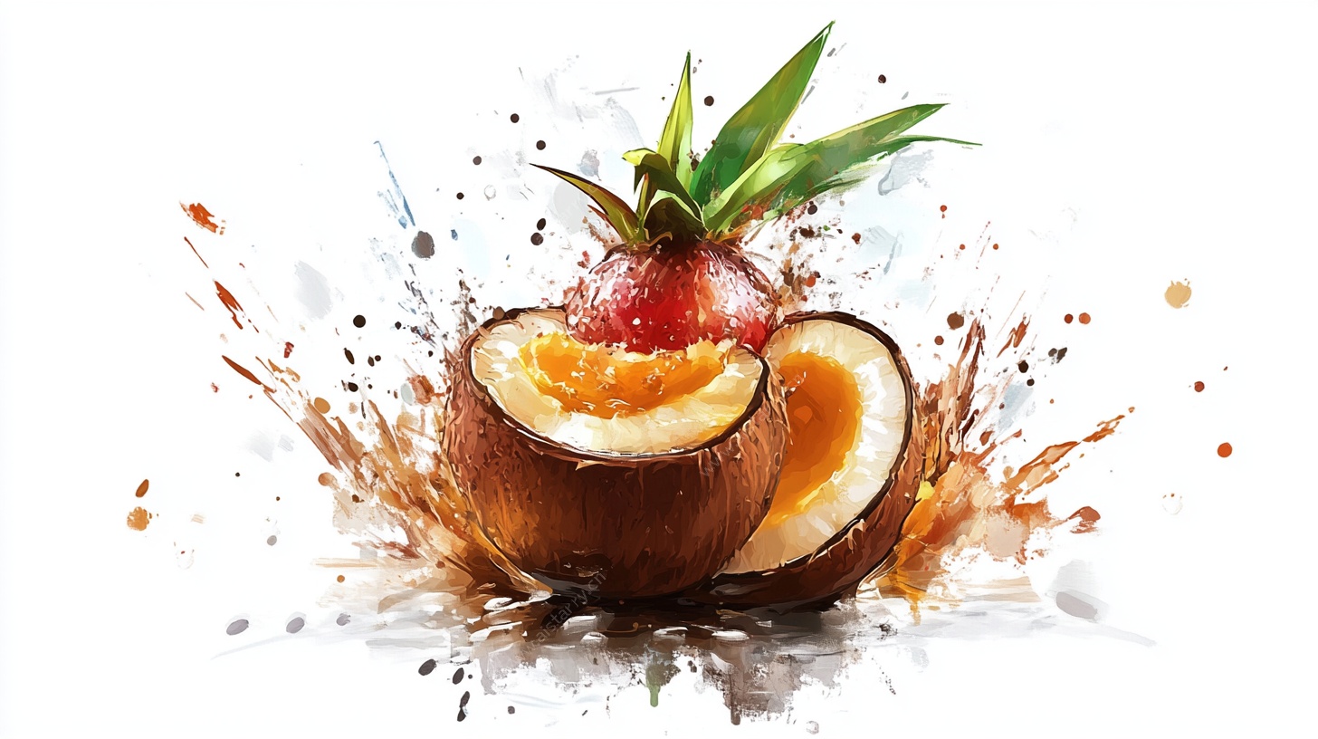 水彩风格椰果与荔枝飞溅图