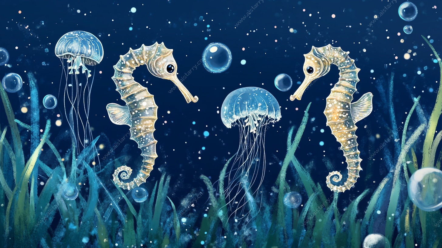 梦幻海底的海马与水母