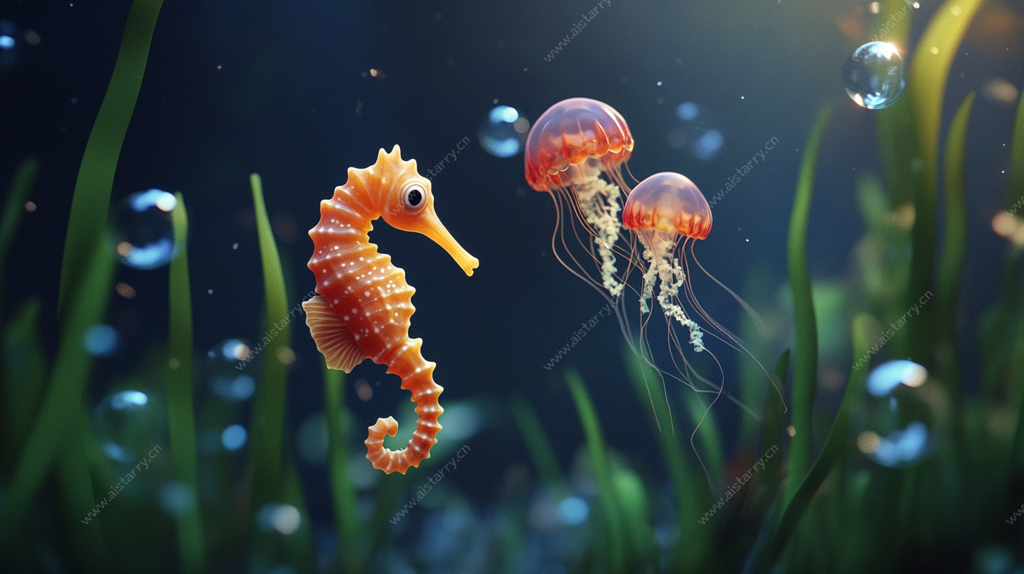 海底奇幻生物 海马与水母