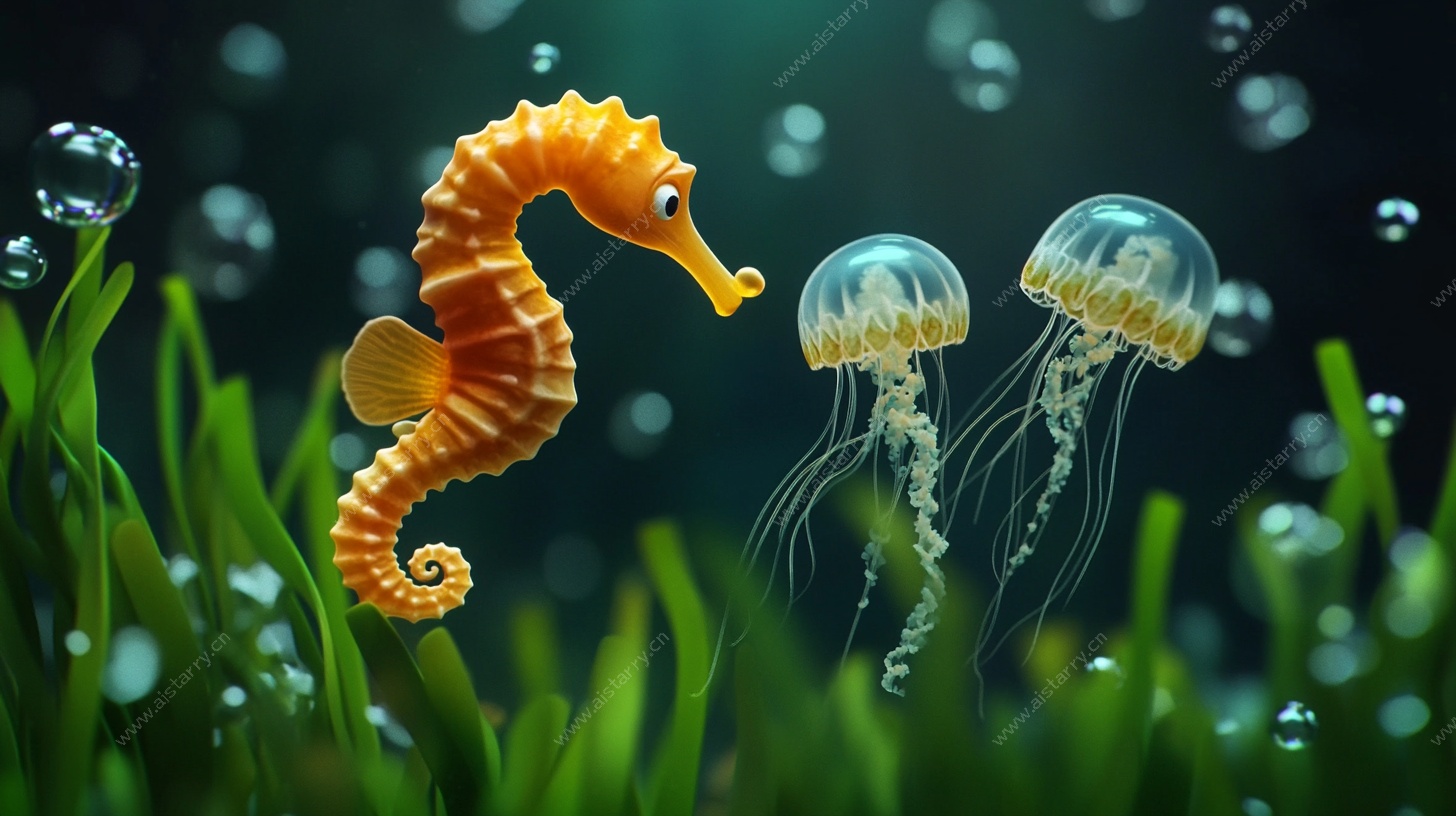 梦幻海底的海马与水母