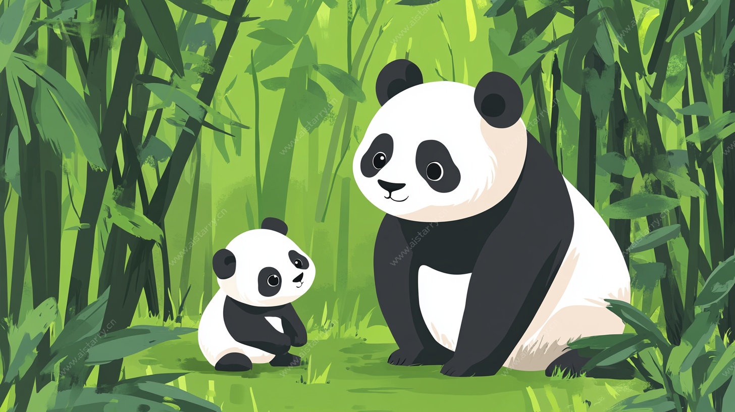 竹林中的熊猫母子
