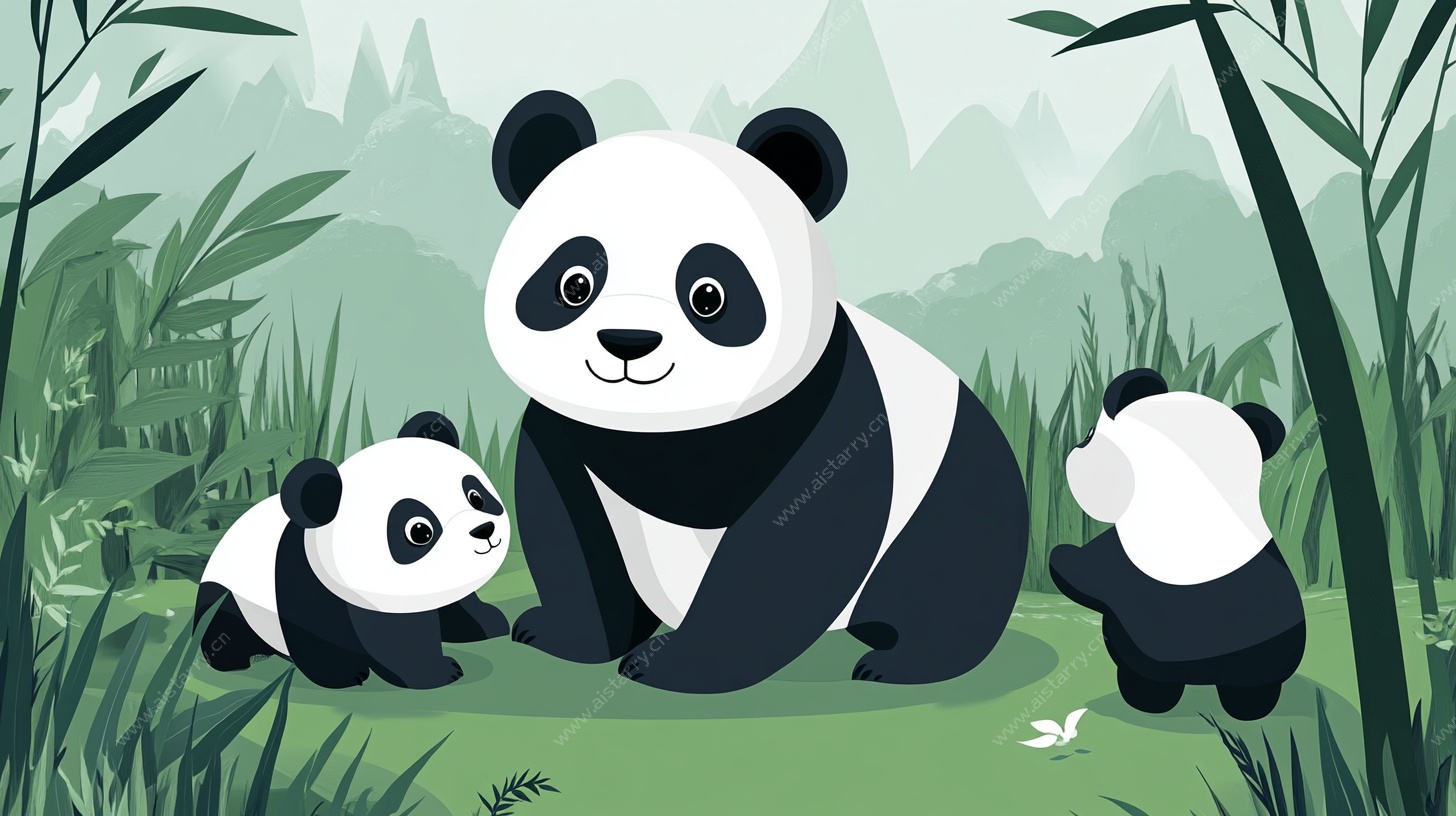 熊猫家庭在竹林中嬉戏