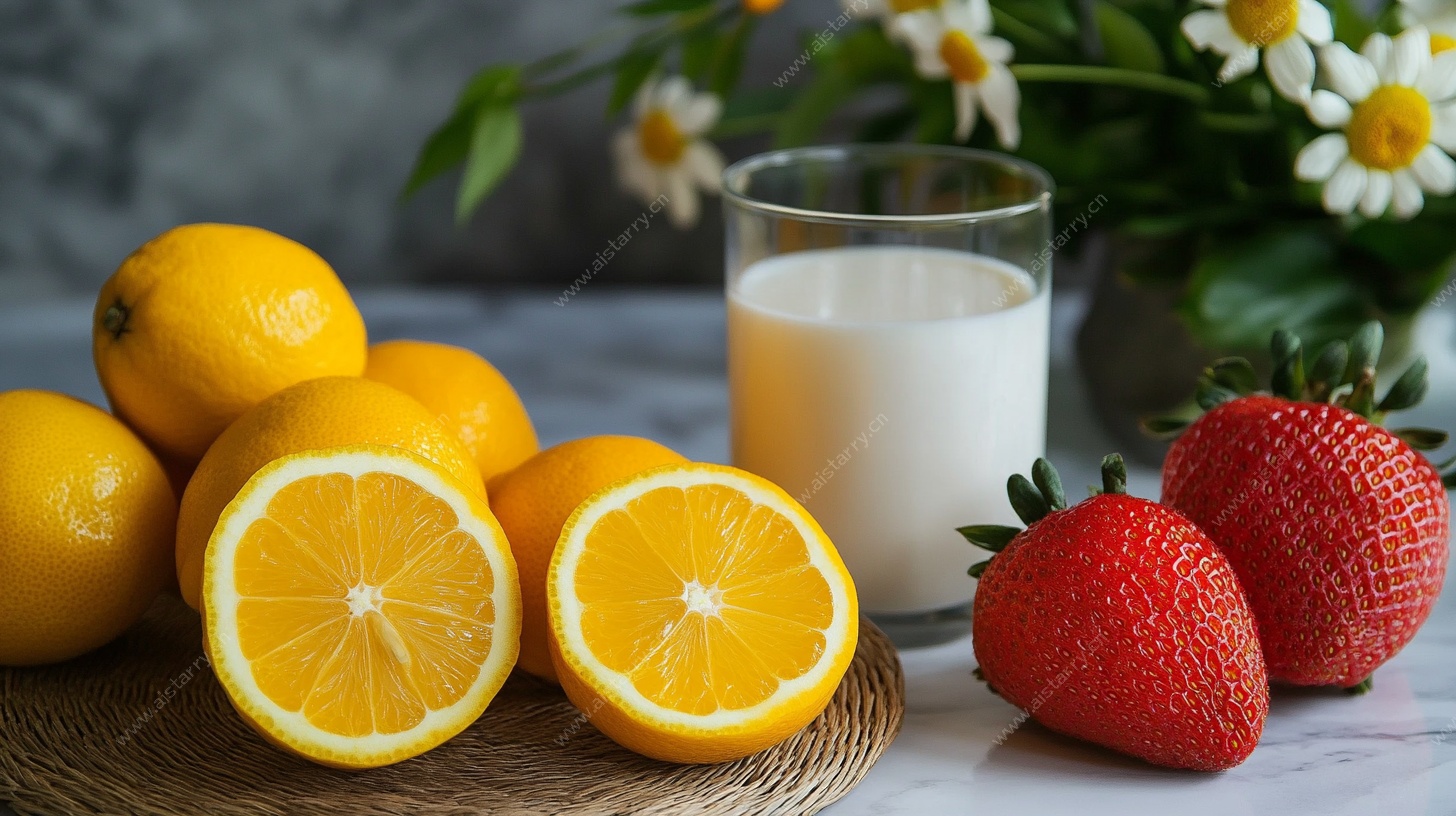 柠檬草莓配牛奶清新组合