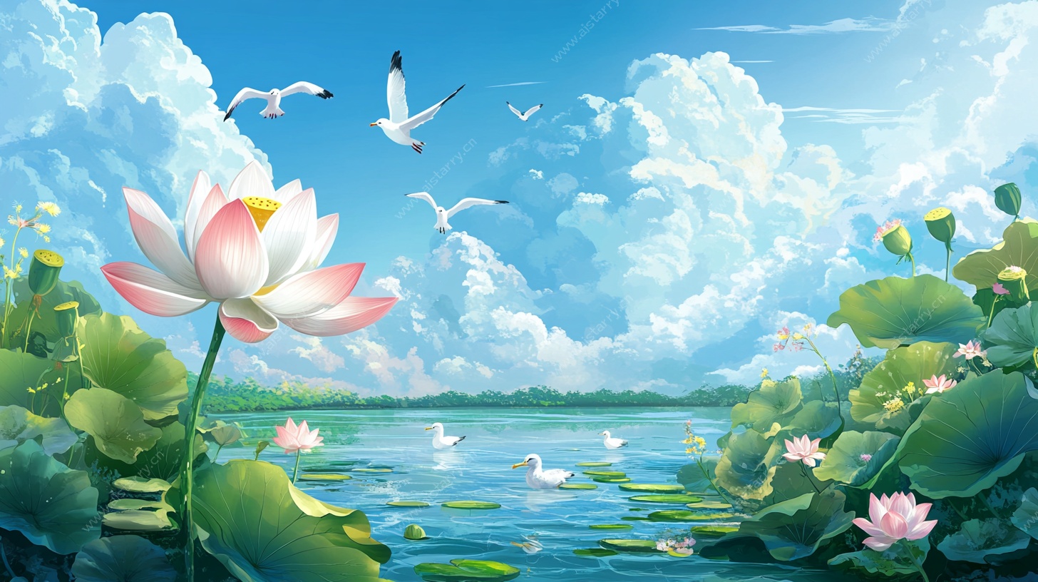 夏日荷塘飞鸟美景图