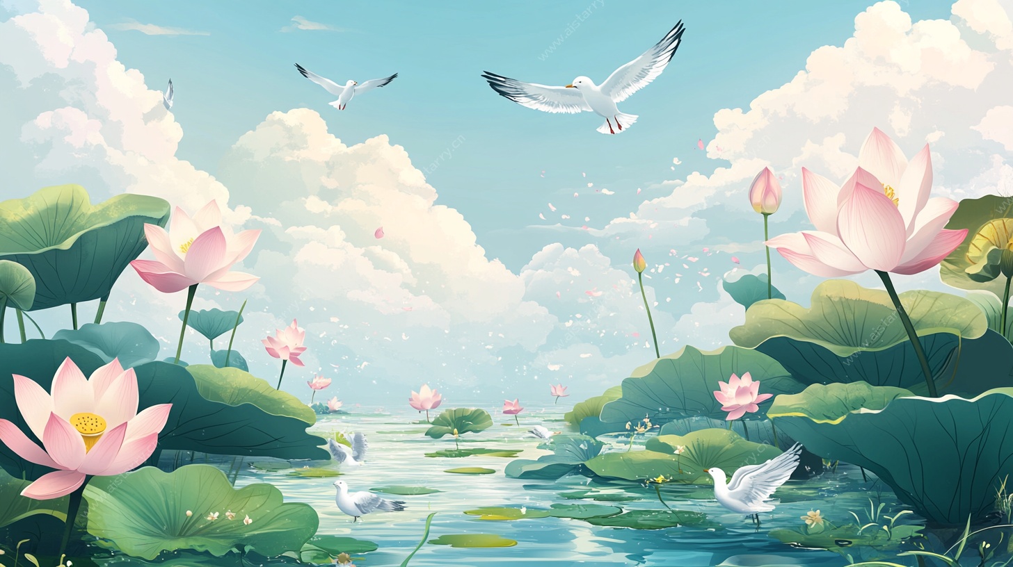 夏日荷塘飞鸟梦幻图景