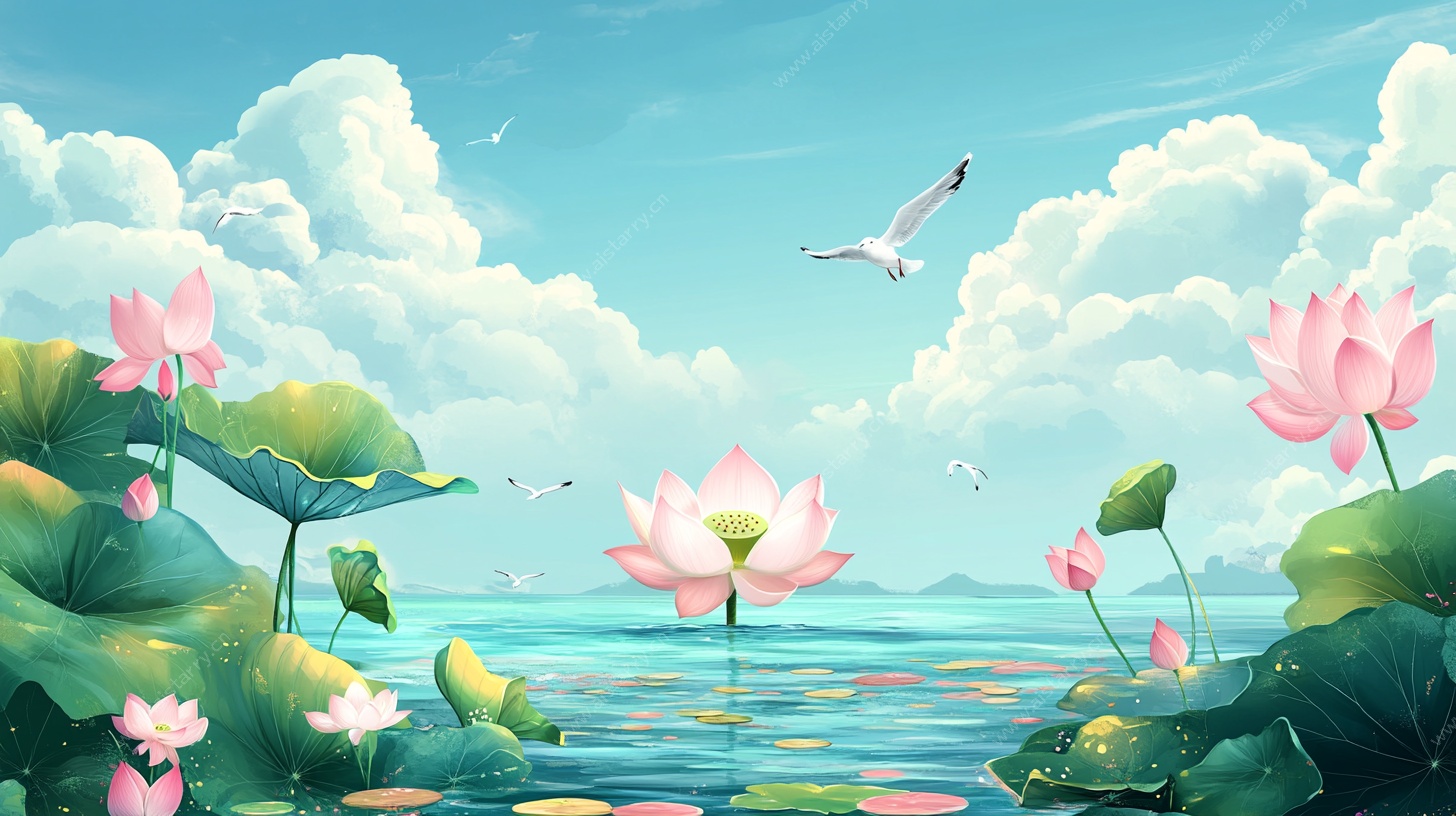 夏日荷塘飞鸟风景图