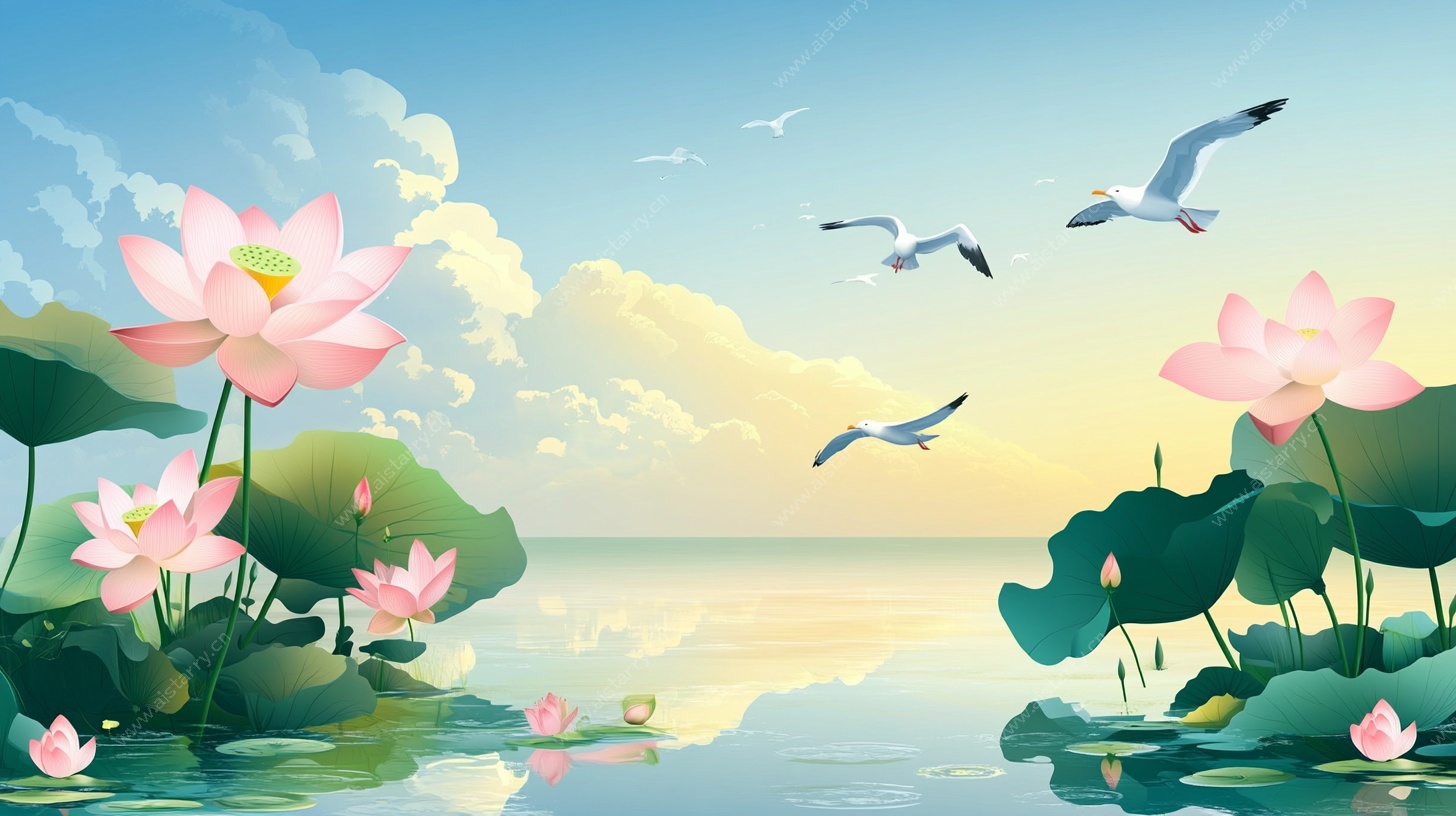 夏日荷塘飞鸟图