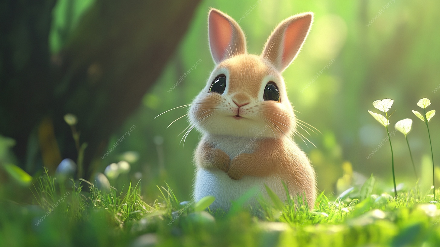 可爱萌兔在绿意盎然草地