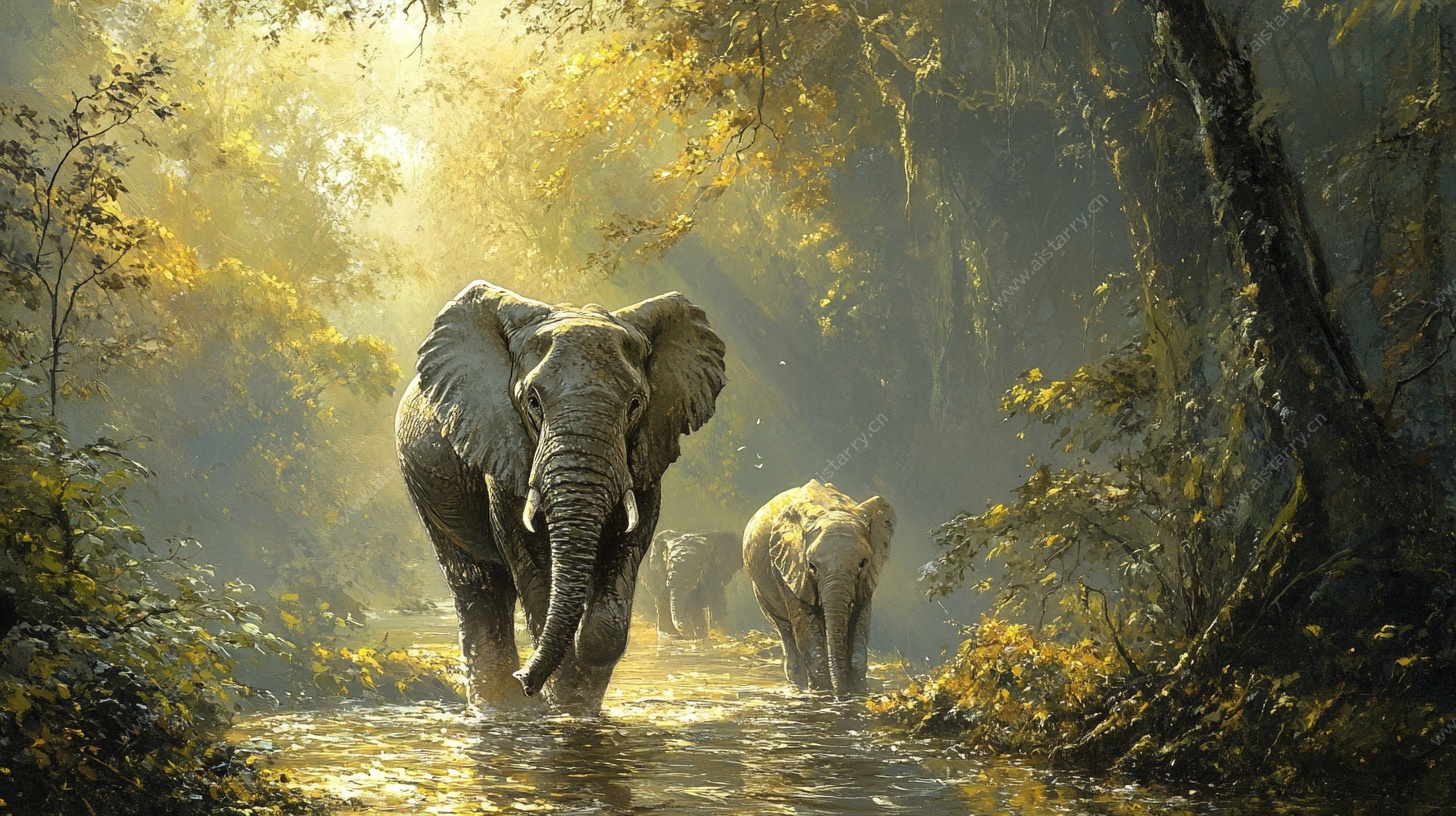 大象漫步于林间溪流