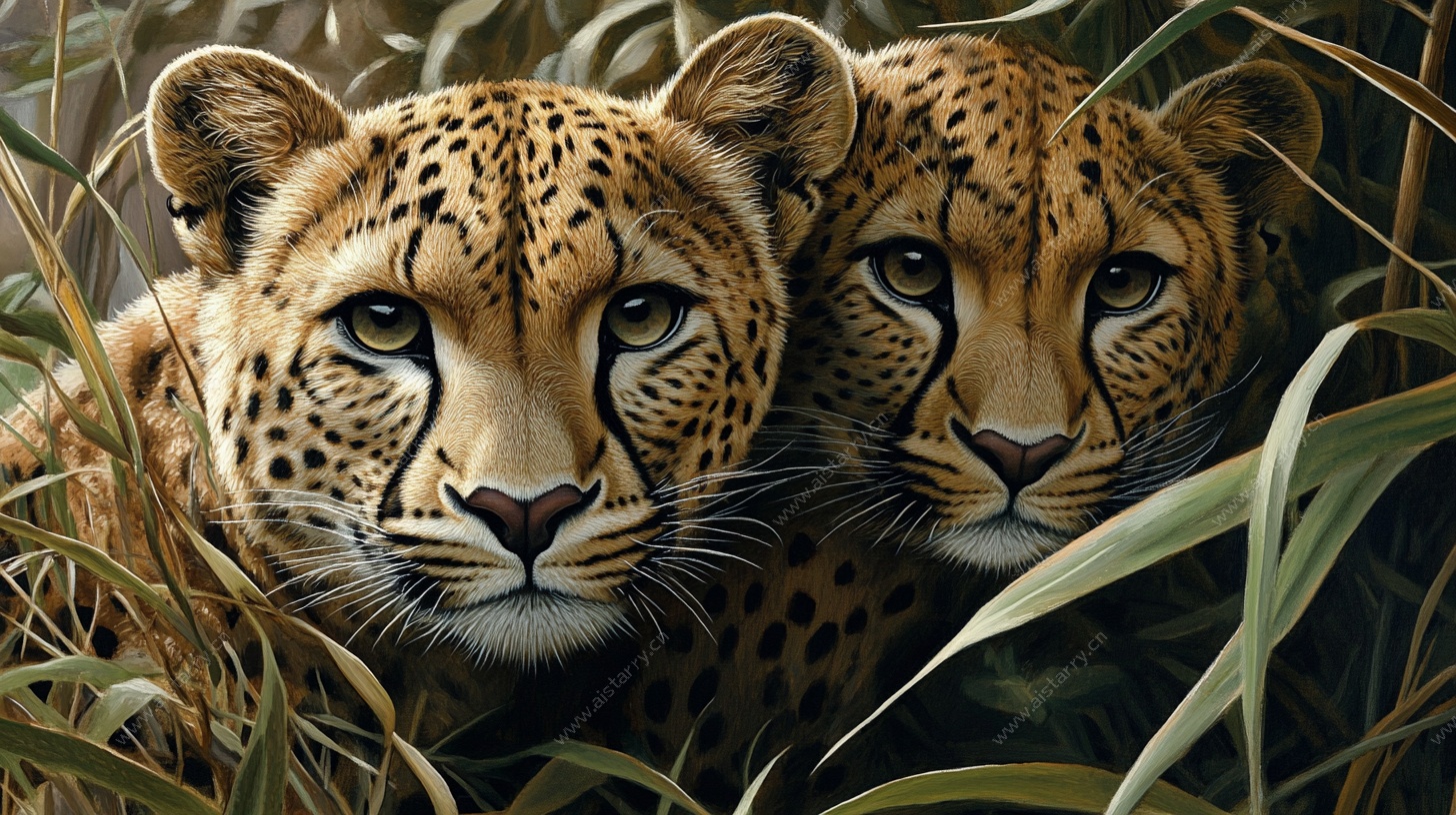 两只猎豹藏身草丛间