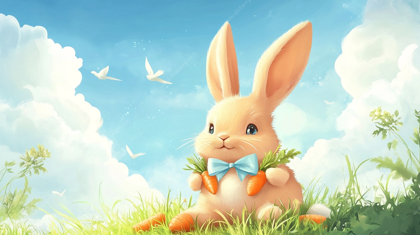 可爱小兔持胡萝卜于草地