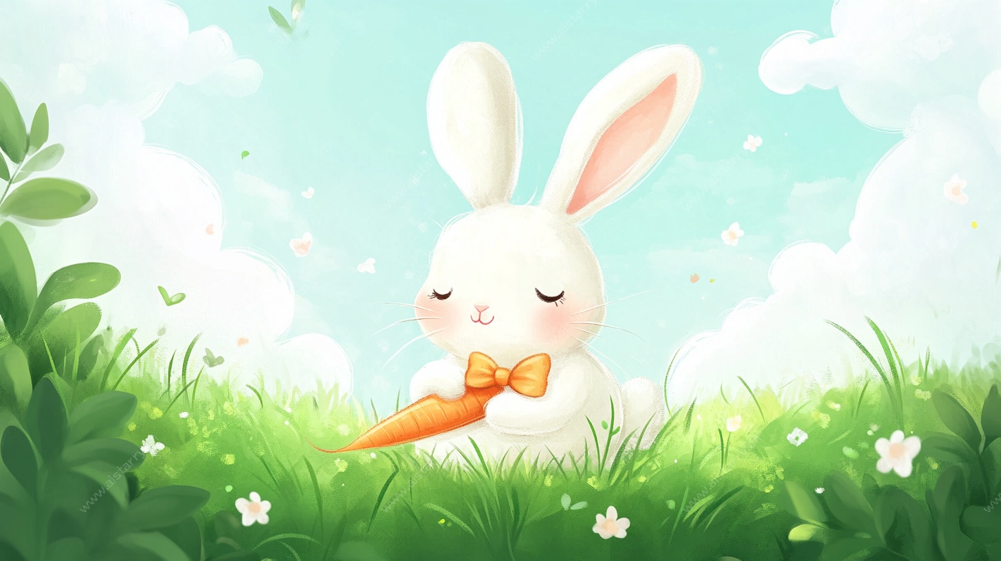 可爱白兔在草地享用胡萝卜
