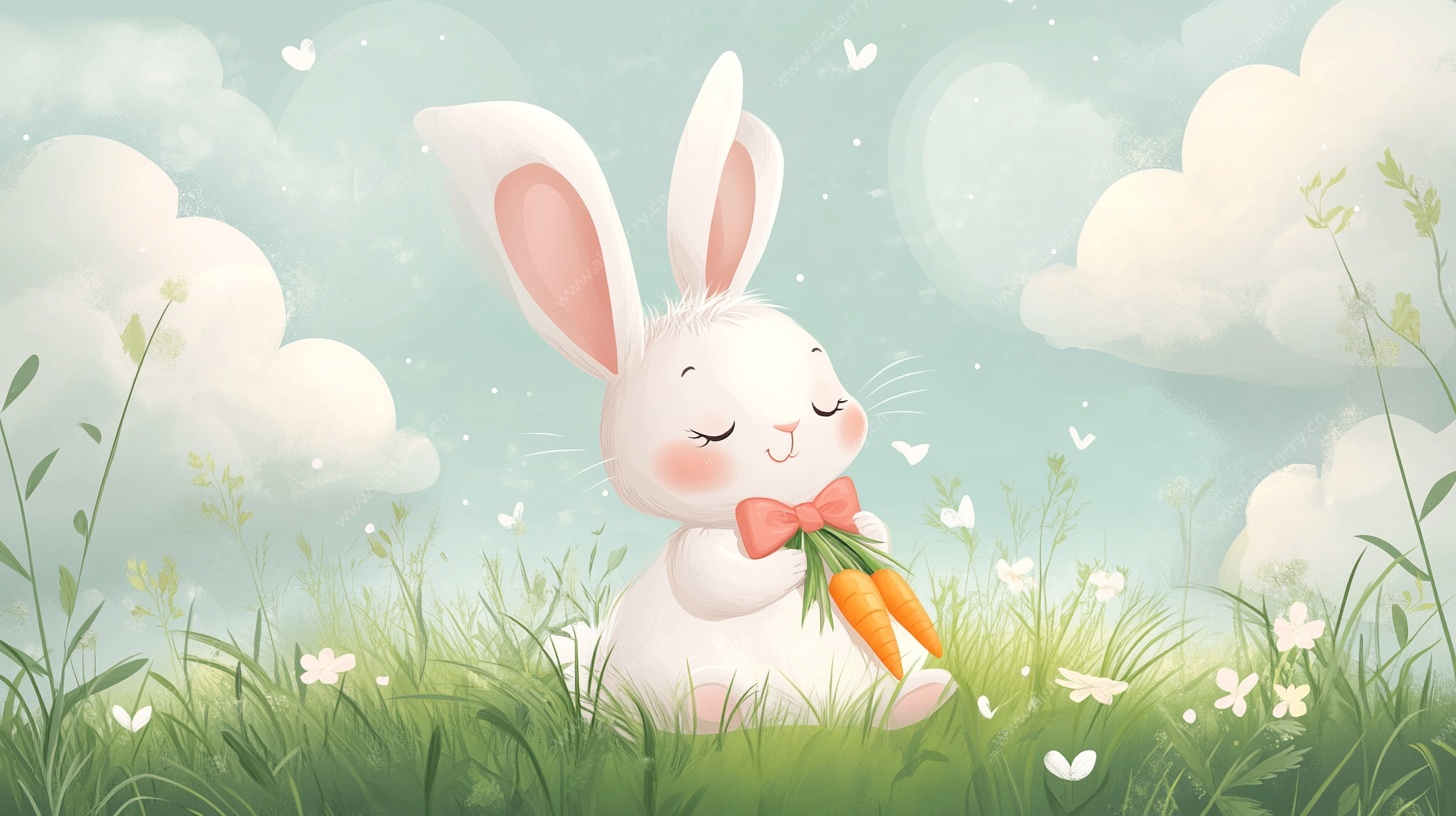 可爱白兔在草地享受胡萝卜