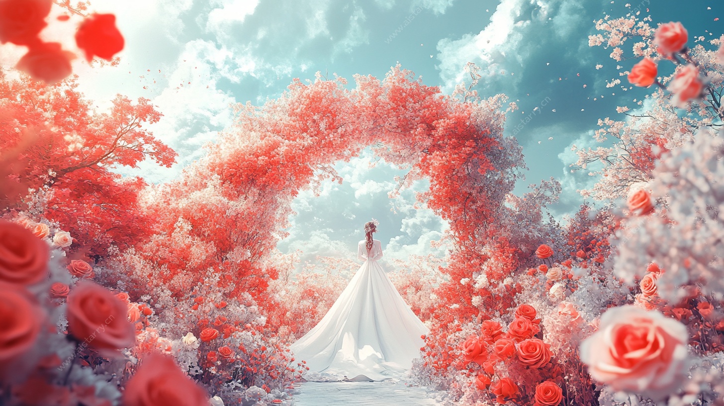 梦幻玫瑰拱门下的婚纱新娘