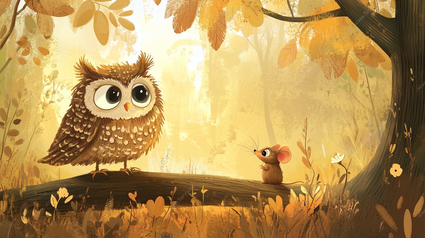 秋日森林中猫头鹰与小鼠