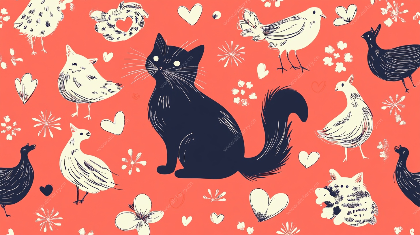 黑猫与群鸟的温馨插画