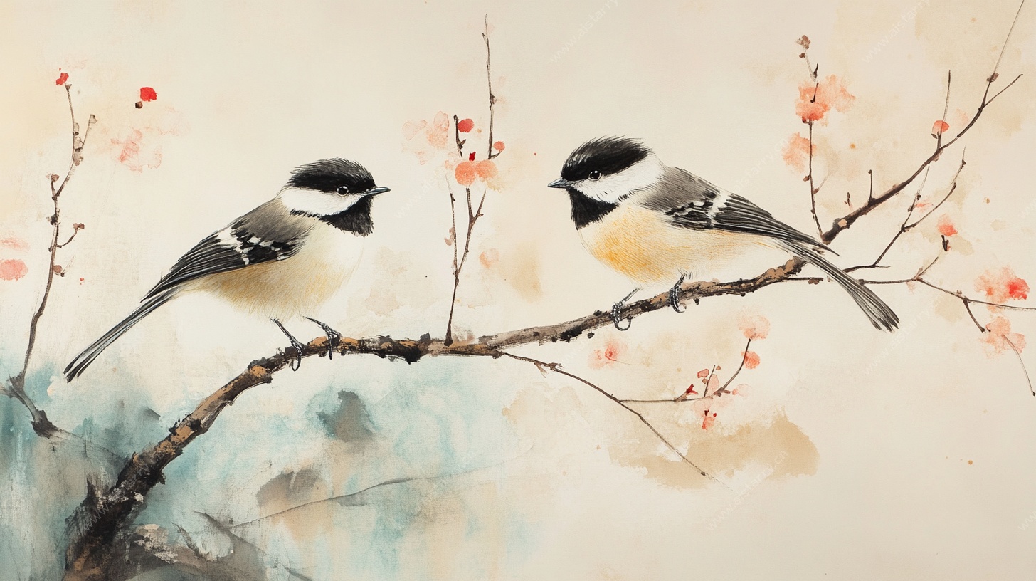 水墨双鸟栖花枝