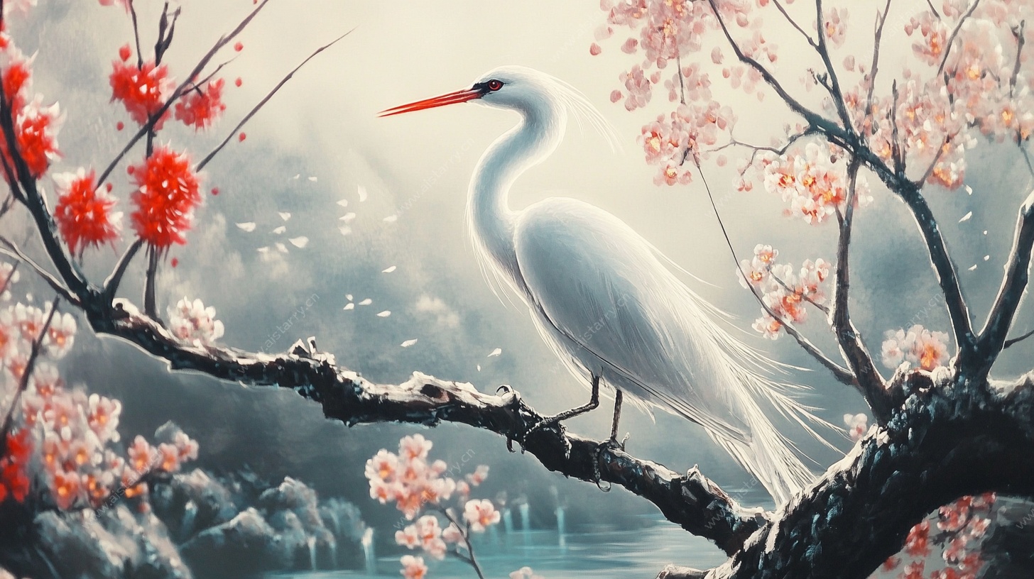白鹭栖于繁花枝头的美景