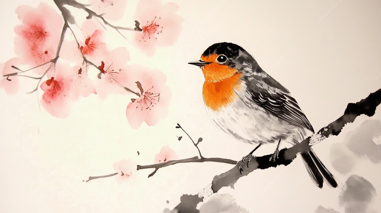 水墨花鸟图 枝头俏立鸟