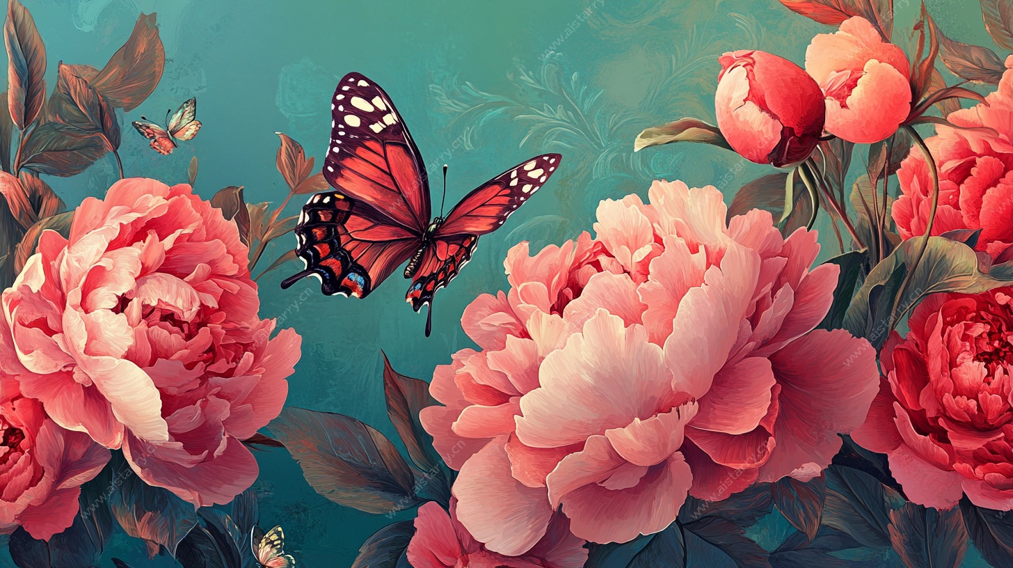 蝴蝶飞舞于娇艳牡丹间