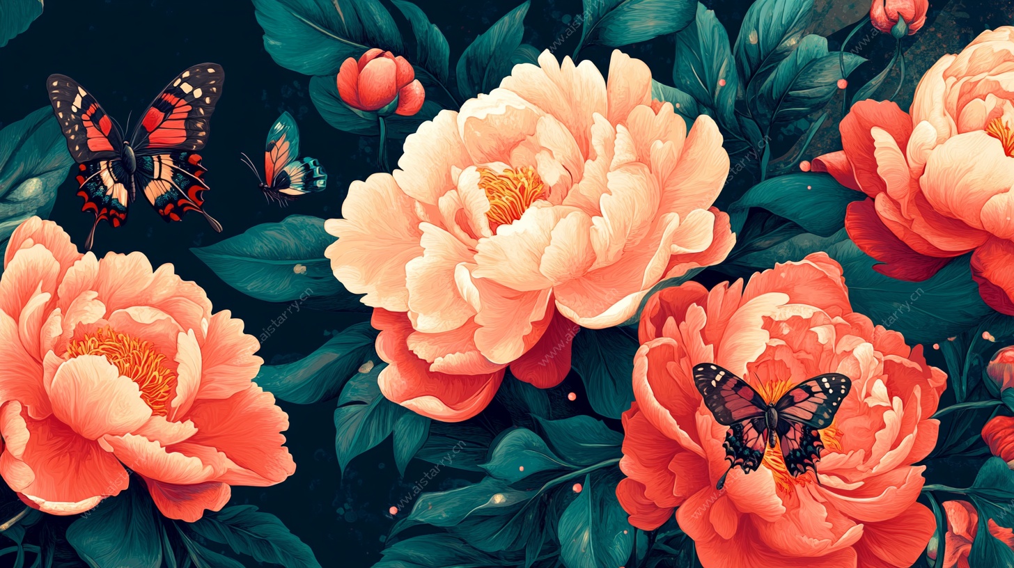 牡丹绽放间蝴蝶翩翩飞舞